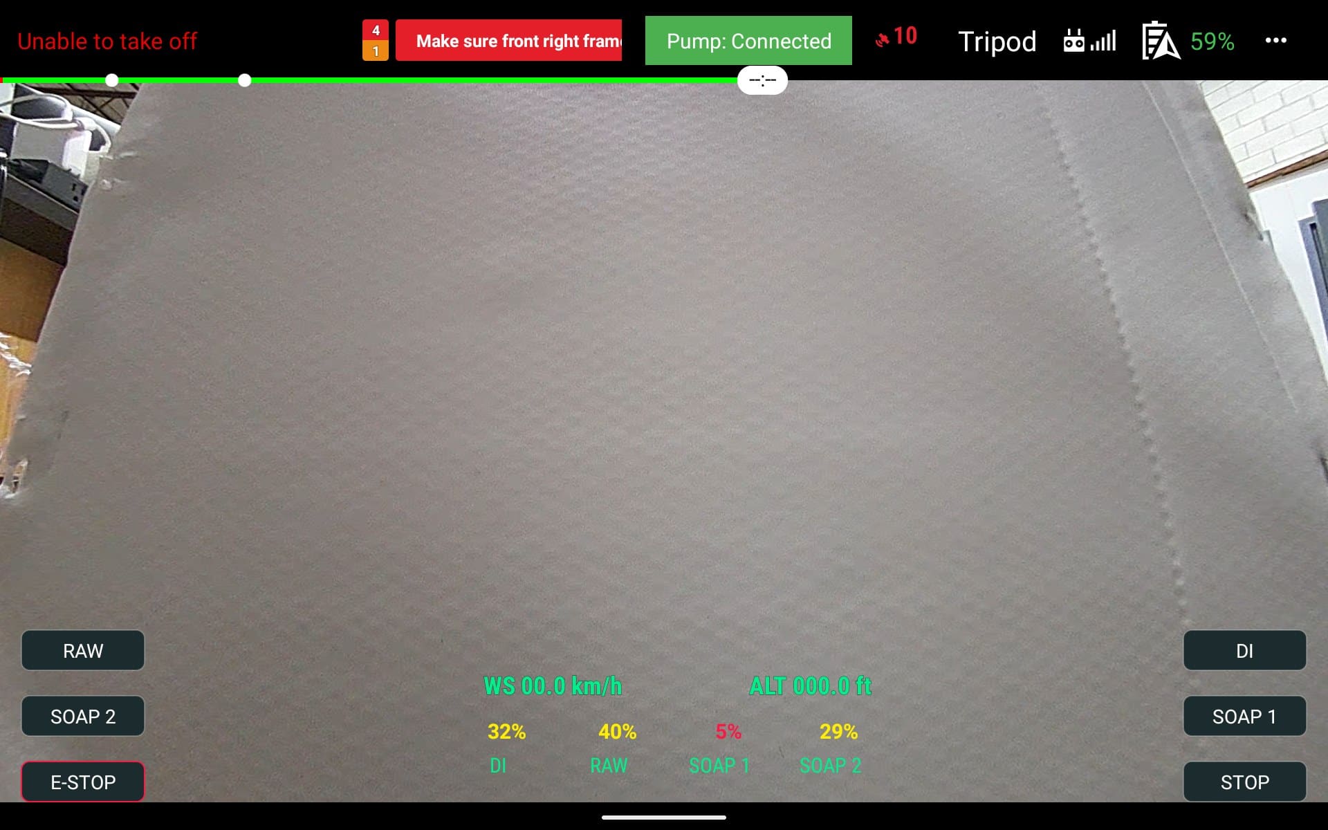 WINDOSMART drone remote interface — live feed with pump status, fluid levels and one-touch cleaning modes